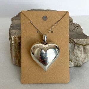 Sterling Silver 925 Hollow Puffy Heart Pendant Necklace 28" Box Chain